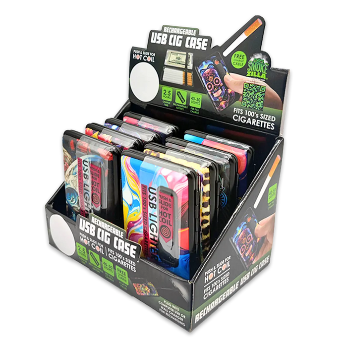 100s Cigarette Case with USB Coil Lighter - 8 Pieces Per Retail Ready Display  24362 SMOKEZILLA