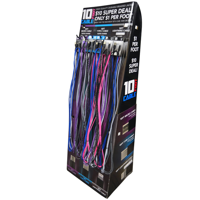 10FT Basic Sync and Charge Cable Assortment - 24 Pieces Per Retail Ready Display 88268 NOVELTY INC