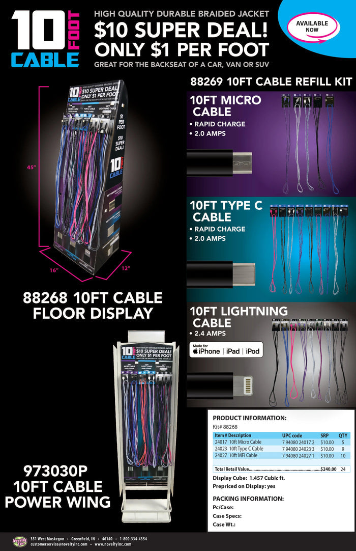 10FT Basic Sync and Charge Cable Assortment - 24 Pieces Per Retail Ready Display 88268 NOVELTY INC