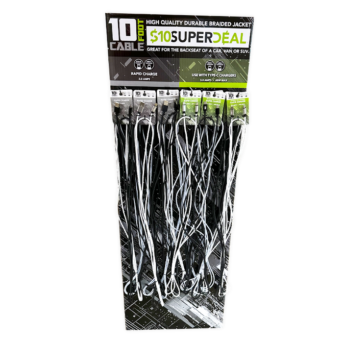 10FT Basic Sync and Charge Cable Assortment - 24 Pieces Per Retail Ready Display Kit 88621 GADGET GEAR