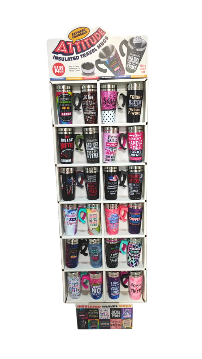 16 oz Travel Mug Assortment Floor Display - 24 Pieces Per Retail Ready Display 88433 NOVELTY INC