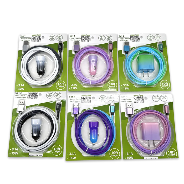 AC Wall and Car Charger Dual USB / USB-C Ports with USB-C and Lightning Charging Cable Assortment - 6 Pieces Per Retail Ready Display 24837 GADGET GEAR