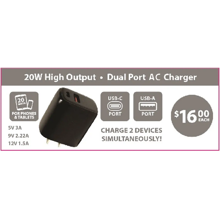 AC Wall Charger Dual Port USB / USB-C 20 Watts - 12 Pieces Per Pack 24675 NOVELTY INC