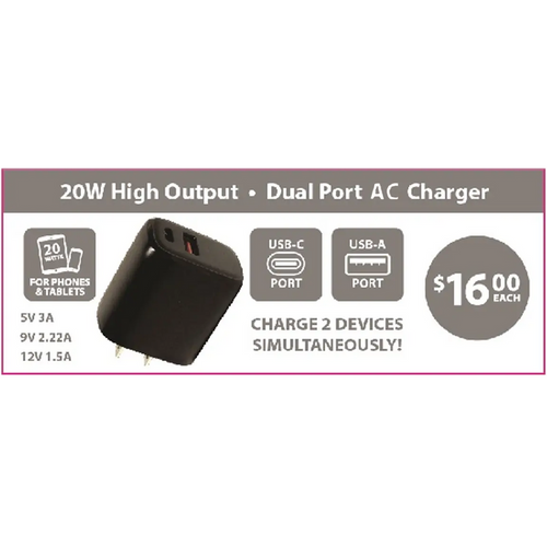 AC Wall Charger Dual Port USB / USB-C 20 Watts - 12 Pieces Per Pack 24675 NOVELTY INC