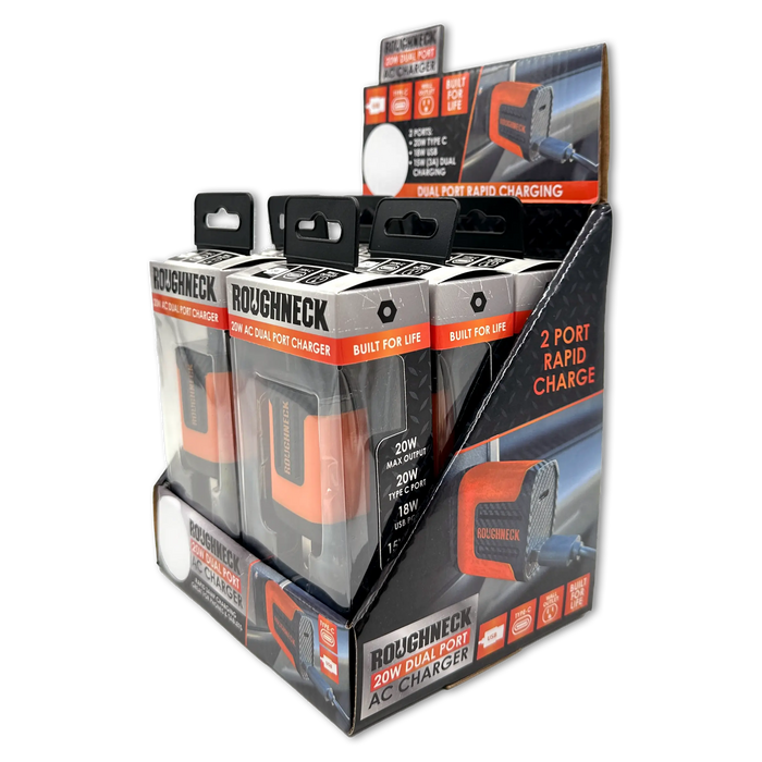 AC Wall Charger Dual Port USB / USB-C 20 Watts - 6 Pieces Per Retail Ready Display 23689 ROUGHNECK