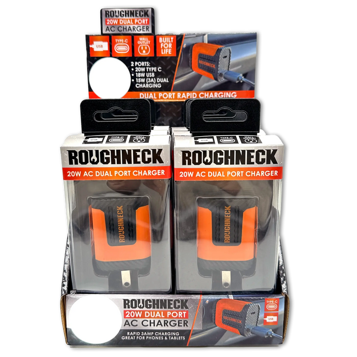 AC Wall Charger Dual Port USB / USB-C 20 Watts - 6 Pieces Per Retail Ready Display 23689 ROUGHNECK