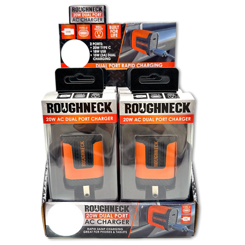 AC Wall Charger Dual Port USB / USB-C 20 Watts - 6 Pieces Per Retail Ready Display 23689 ROUGHNECK