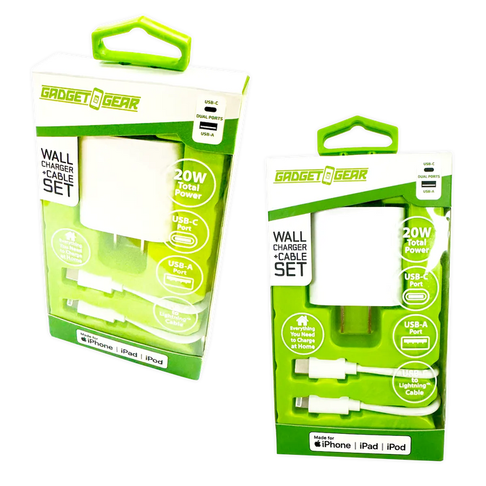 AC Wall Charger Dual USB / USB-C Ports with USB-C to Lightning Charging Cable 20 Watts - 3 Pieces Per Set 24612 GADGET GEAR