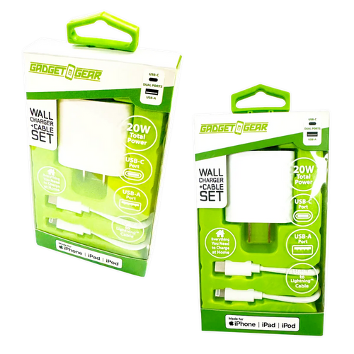 AC Wall Charger Dual USB / USB-C Ports with USB-C to Lightning Charging Cable 20 Watts - 3 Pieces Per Set 24612 GADGET GEAR