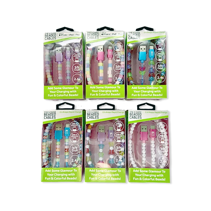 Beaded Charging Cable Assortment 3FT - 6 Pieces Per Retail Ready Display 88568 GADGET GEAR