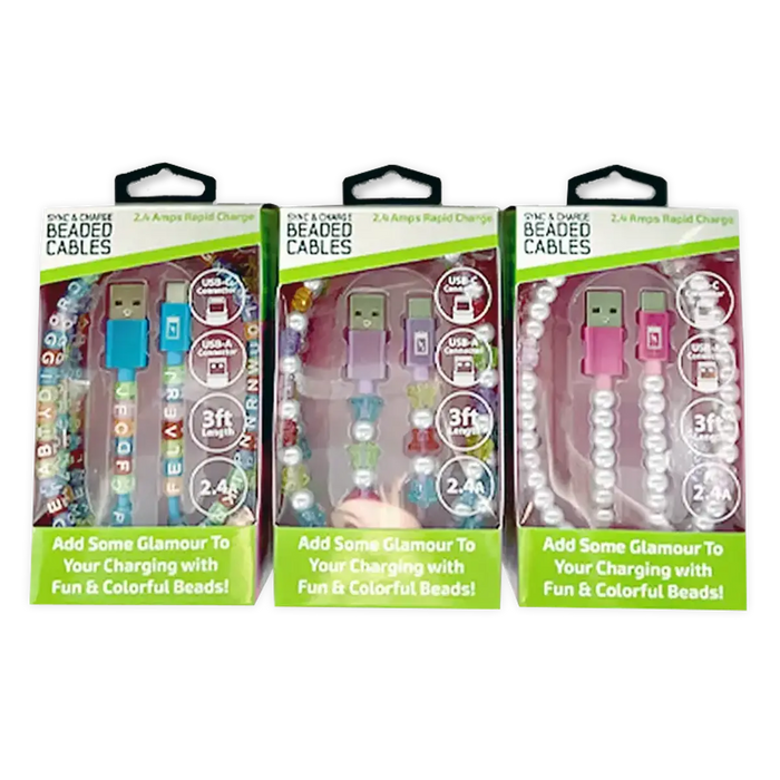 Beaded Charging Cable Assortment 3FT - 6 Pieces Per Retail Ready Display 88568 GADGET GEAR