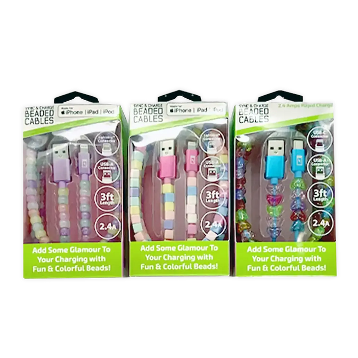 Beaded Charging Cable Assortment 3FT - 6 Pieces Per Retail Ready Display 88568 GADGET GEAR