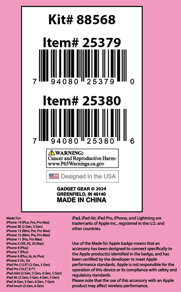 Beaded Charging Cable Assortment 3FT - 6 Pieces Per Retail Ready Display 88568 GADGET GEAR