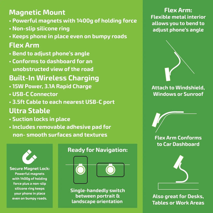 Bendable Wireless Charger Magnetic Phone Mount 15 Watts - 4 Pieces Per Retail Ready Display 25249 GADGET GEAR