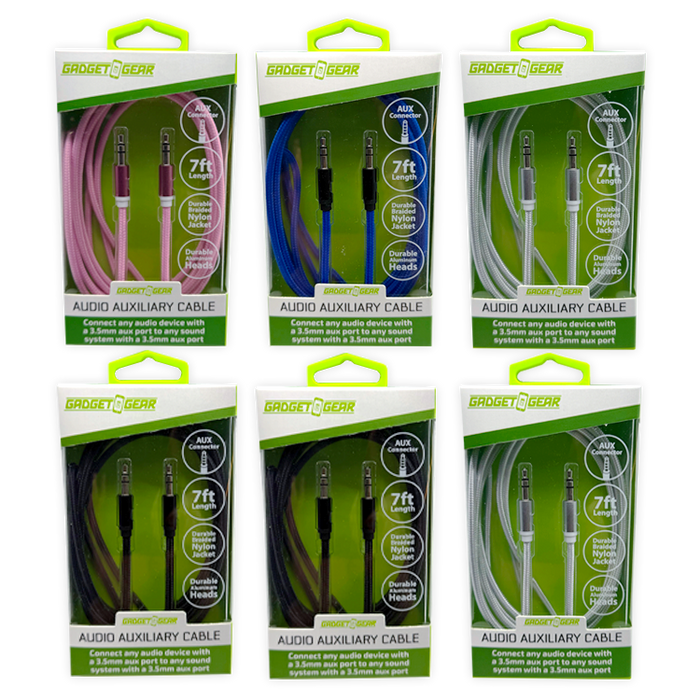 Braided Nylon Audio Auxiliary Cable 7FT - 6 Pieces Per Retail Ready Display 26552