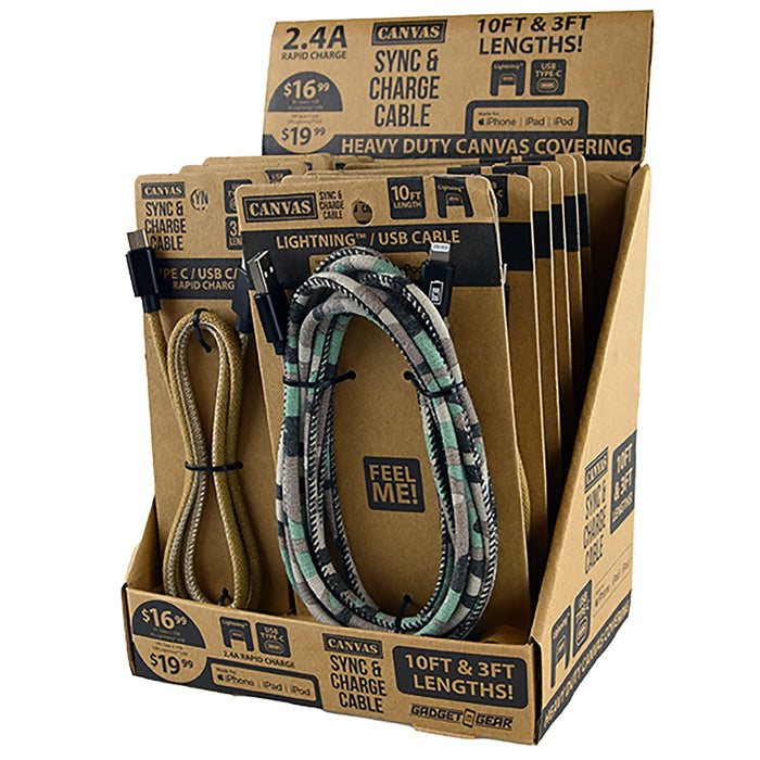 Canvas Charging Cable Assortment - 12 Pieces Per Retail Ready Display 88346 GADGET GEAR
