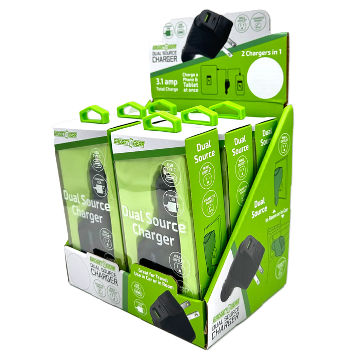 Car Charger and Wall Charger Combo Dual Port USB / USB-C 3.1 Amp - 6 Pieces Per Retail Ready Display 23708 GADGET GEAR