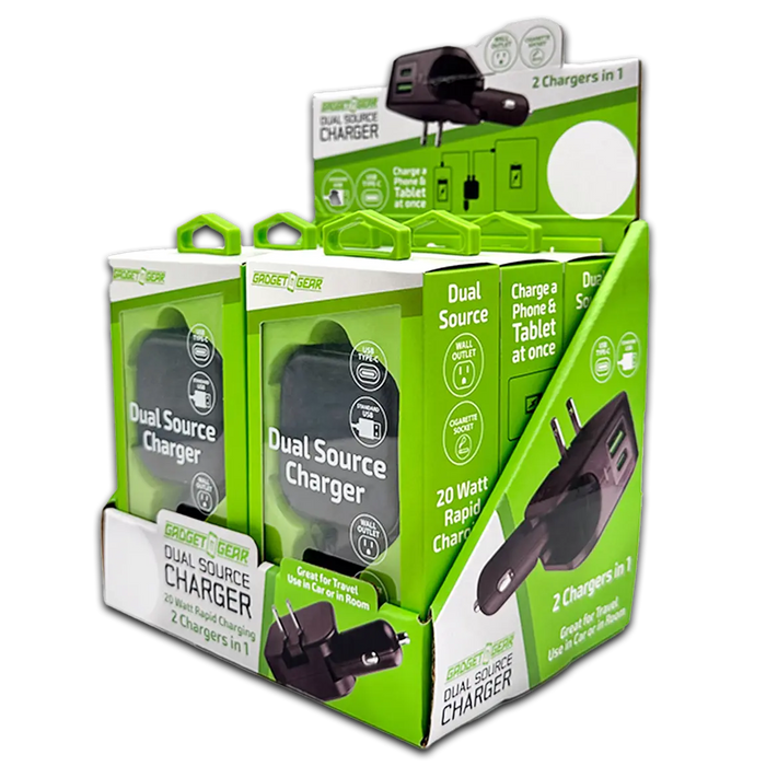 Car Charger and Wall Charger Combo Dual Port USB / USB-C 3.1 Amp - 6 Pieces Per Retail Ready Display 23764 GADGET GEAR
