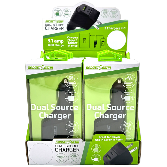 Car Charger and Wall Charger Combo Dual Port USB / USB-C 3.1 Amp - 6 Pieces Per Retail Ready Display 23708 GADGET GEAR