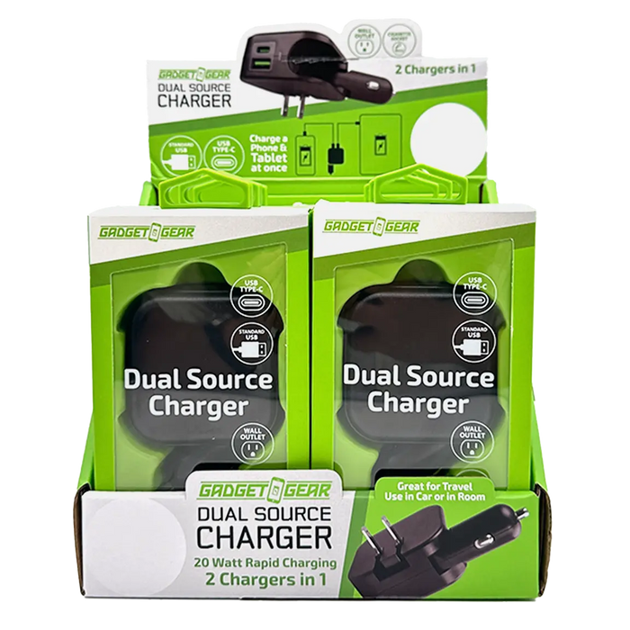 Car Charger and Wall Charger Combo Dual Port USB / USB-C 3.1 Amp - 6 Pieces Per Retail Ready Display 23764 GADGET GEAR