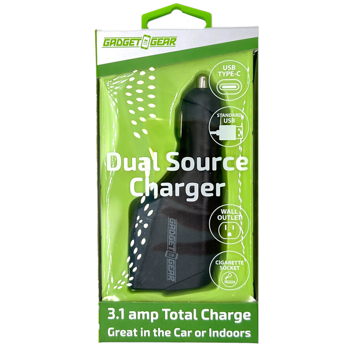 Car Charger and Wall Charger Combo Dual Port USB / USB-C 3.1 Amp - 6 Pieces Per Retail Ready Display 23708 GADGET GEAR