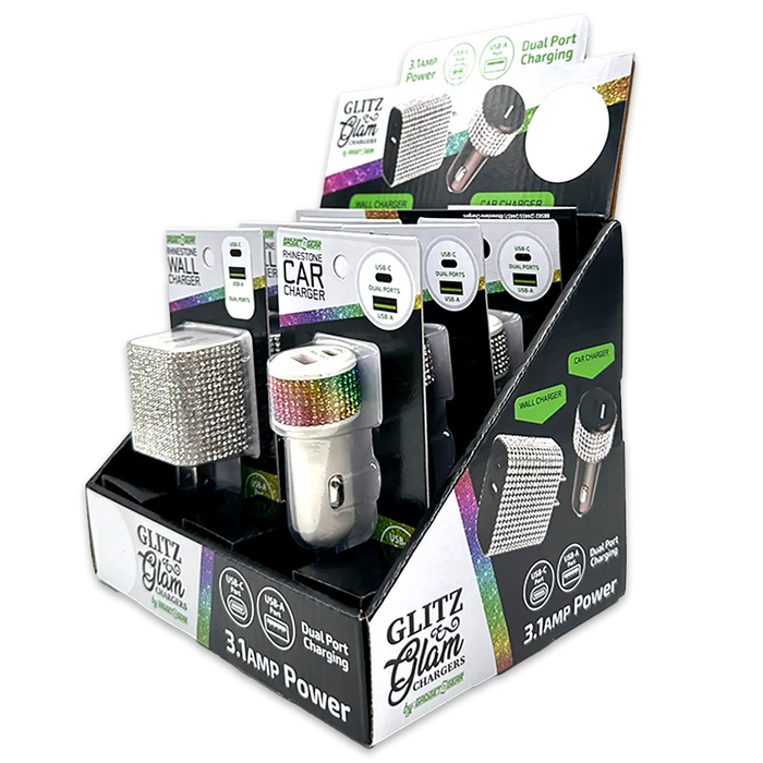 Car Charger and Wall Charger Dual Port USB / USB-C Rhinestone Assortment - 6 Pieces Per Retail Ready Display 88502 GADGET GEAR