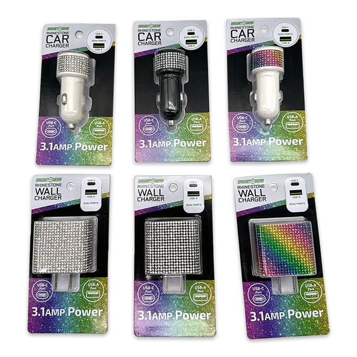 Car Charger and Wall Charger Dual Port USB / USB-C Rhinestone Assortment - 6 Pieces Per Retail Ready Display 88502 GADGET GEAR