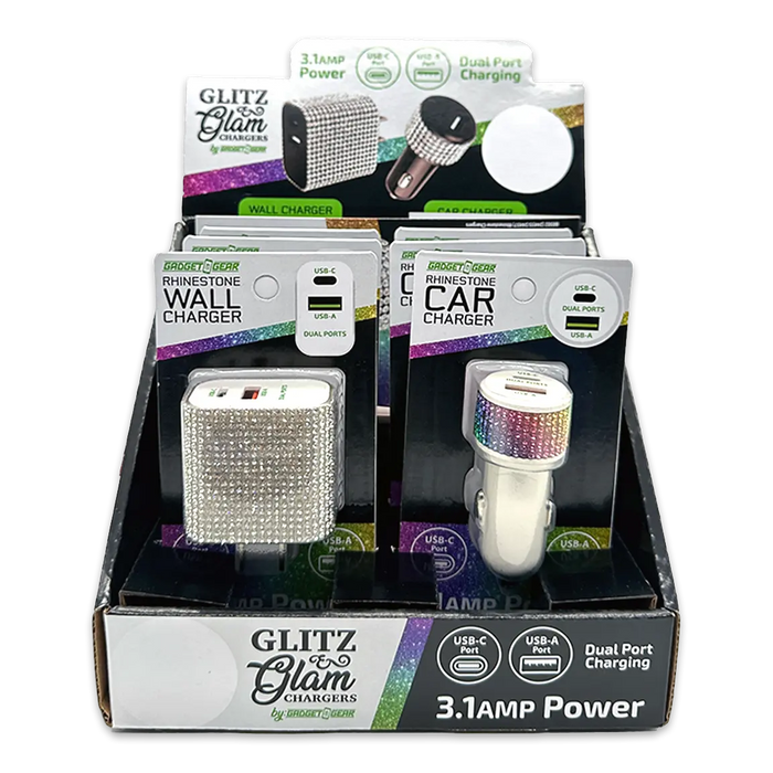 Car Charger and Wall Charger Dual Port USB / USB-C Rhinestone Assortment - 6 Pieces Per Retail Ready Display 88502 GADGET GEAR