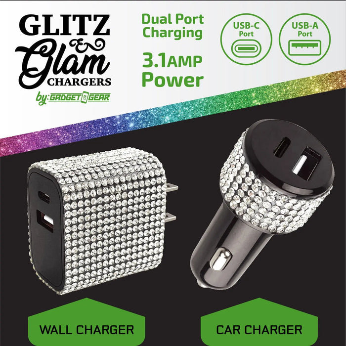 Car Charger and Wall Charger Dual Port USB / USB-C Rhinestone Assortment - 6 Pieces Per Retail Ready Display 88502 GADGET GEAR