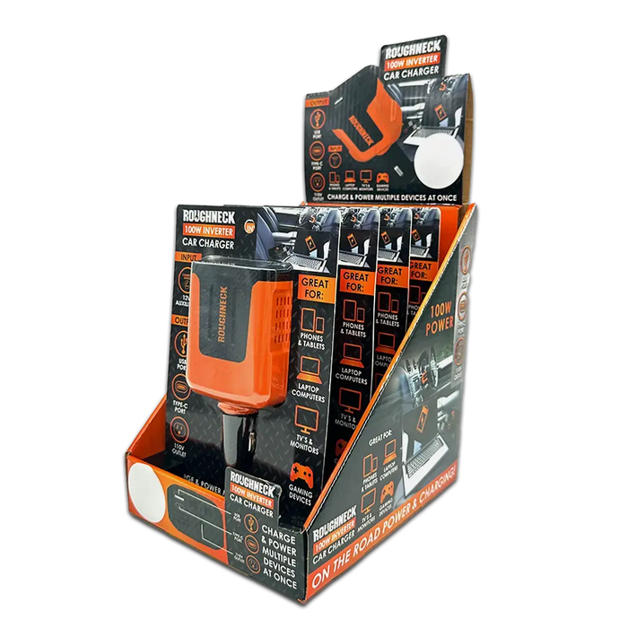 Car Charger DC 3 Port USB / USB-C / 120V Outlet 100 Watts - 4 Pieces Per Retail Ready Display 23861MN ROUGHNECK