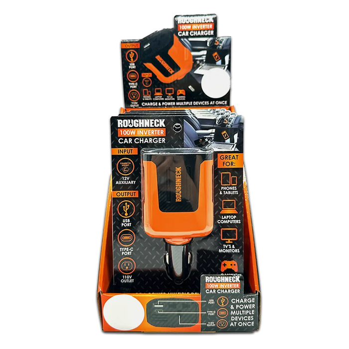 Car Charger DC 3 Port USB / USB-C / 120V Outlet 100 Watts - 4 Pieces Per Retail Ready Display 23861 ROUGHNECK