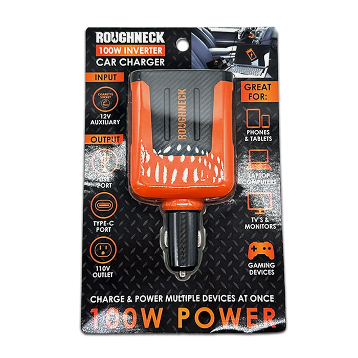 Car Charger DC 3 Port USB / USB-C / 120V Outlet 100 Watts - 4 Pieces Per Retail Ready Display 23861 ROUGHNECK