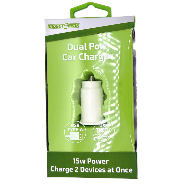 Car Charger  DC Dual Port USB / USB-C 15 Watts - 6 Pieces Per Retail Ready Display 23759 GADGET GEAR
