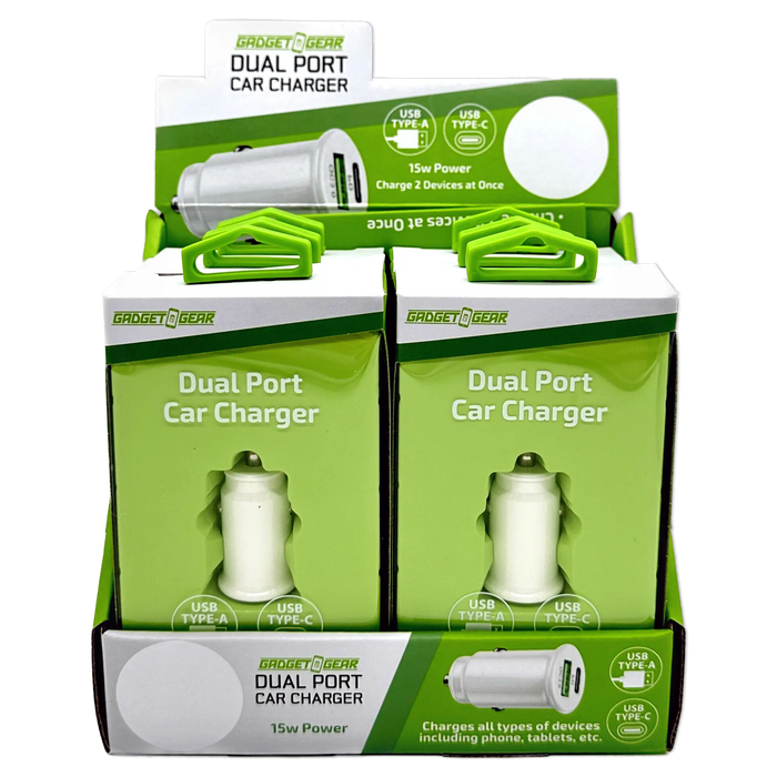 Car Charger  DC Dual Port USB / USB-C 15 Watts - 6 Pieces Per Retail Ready Display 23759 GADGET GEAR