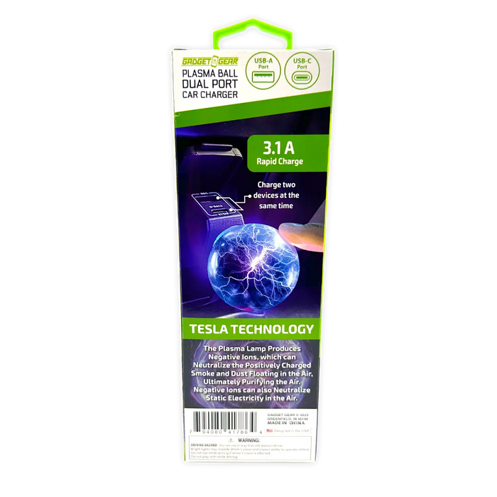 Car Charger Dual Port USB-A/USB-C 3.1-Amp Plasma Ball - 3 Pieces Per Pack 41786 GADGET GEAR