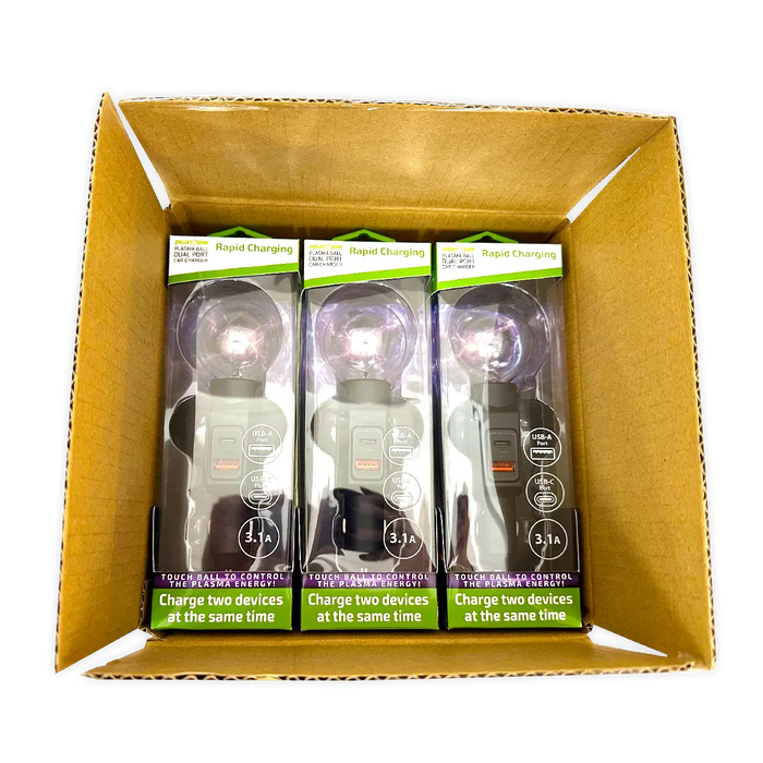 Car Charger Dual Port USB-A/USB-C 3.1-Amp Plasma Ball - 3 Pieces Per Pack 41786 GADGET GEAR