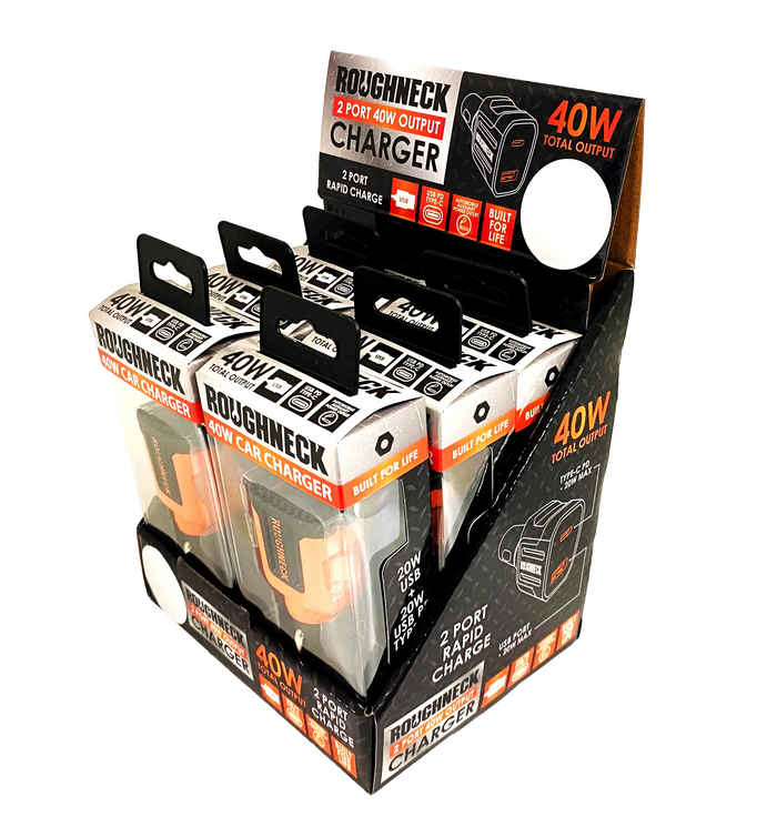 Car Charger Dual Port USB / USB-C 40 Watts - 6 Pieces Per Retail Ready Display 23247 ROUGHNECK