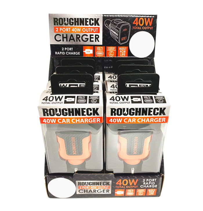 Car Charger Dual Port USB / USB-C 40 Watts - 6 Pieces Per Retail Ready Display 23247 ROUGHNECK