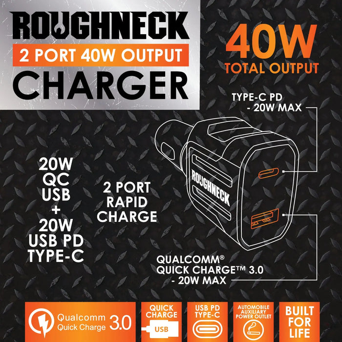 Car Charger Dual Port USB / USB-C 40 Watts - 6 Pieces Per Retail Ready Display 23247 ROUGHNECK