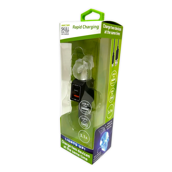 Car Charger Dual Port USB / USB-C LED Skull 3.1 Amp - 3 Pieces Per Pack 41785 GADGET GEAR