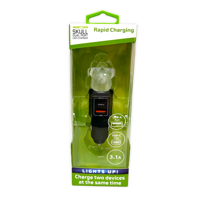 Car Charger Dual Port USB / USB-C LED Skull 3.1 Amp - 3 Pieces Per Pack 41785 GADGET GEAR
