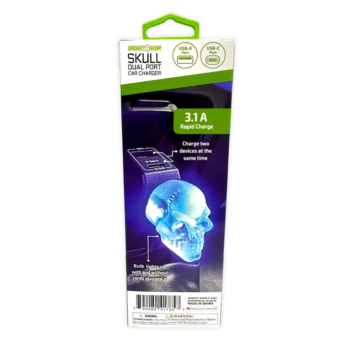 Car Charger Dual Port USB / USB-C LED Skull 3.1 Amp - 3 Pieces Per Pack 41785 GADGET GEAR