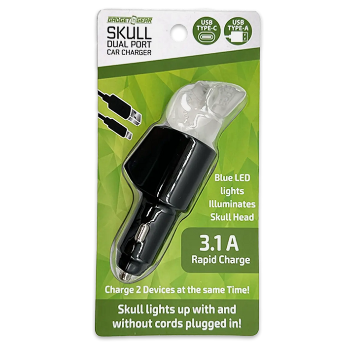 Car Charger Dual Port USB / USB-C LED Skull 3.1 Amp - 6 Pieces Per Pack 24001AZ GADGET GEAR