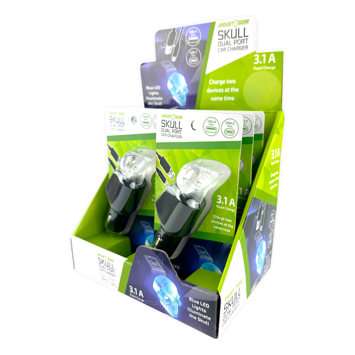 Car Charger Dual Port USB / USB-C LED Skull 3.1 Amp - 6 Pieces Per Retail Ready Display 24001 GADGET GEAR