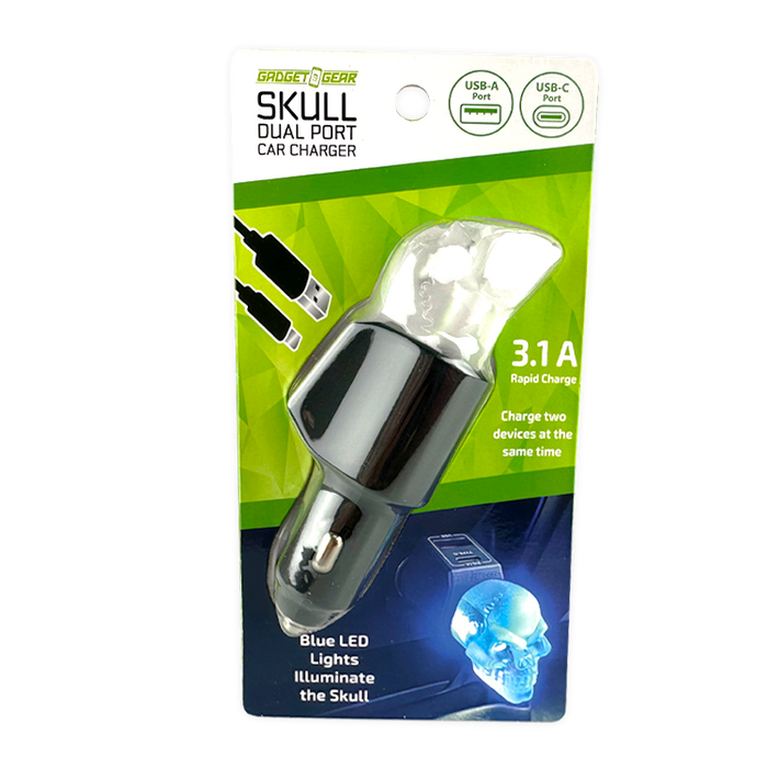 Car Charger Dual Port USB / USB-C LED Skull 3.1 Amp - 6 Pieces Per Retail Ready Display 24001 GADGET GEAR