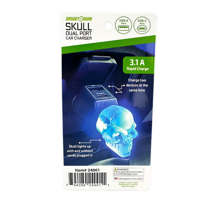 Car Charger Dual Port USB / USB-C LED Skull 3.1 Amp - 6 Pieces Per Retail Ready Display 24001 GADGET GEAR
