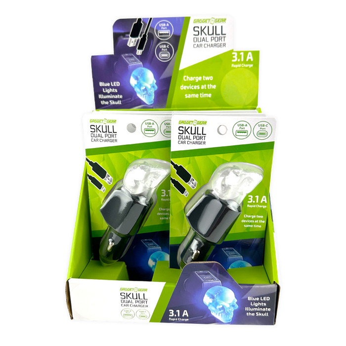 Car Charger Dual Port USB / USB-C LED Skull 3.1 Amp - 6 Pieces Per Retail Ready Display 24001 GADGET GEAR
