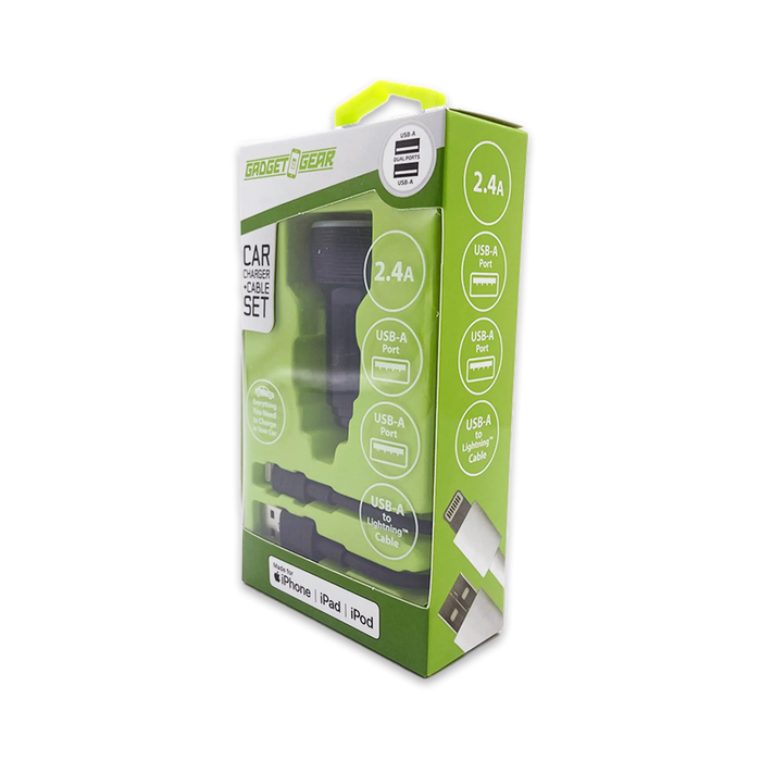 Car Charger Dual USB Ports with USB to Lightning Charging Cable Set - 3 Pieces Per Pack 24620 GADGET GEAR