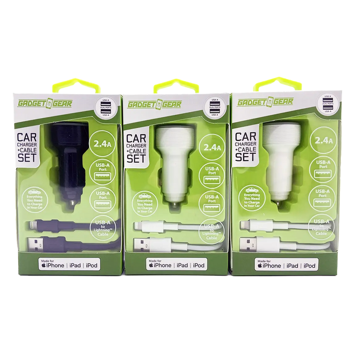Car Charger Dual USB Ports with USB to Lightning Charging Cable Set - 3 Pieces Per Pack 24620 GADGET GEAR