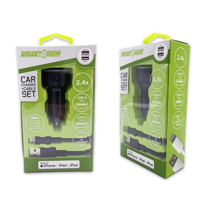 Car Charger Dual USB Ports with USB to Lightning Charging Cable Set - 3 Pieces Per Pack 24620 GADGET GEAR